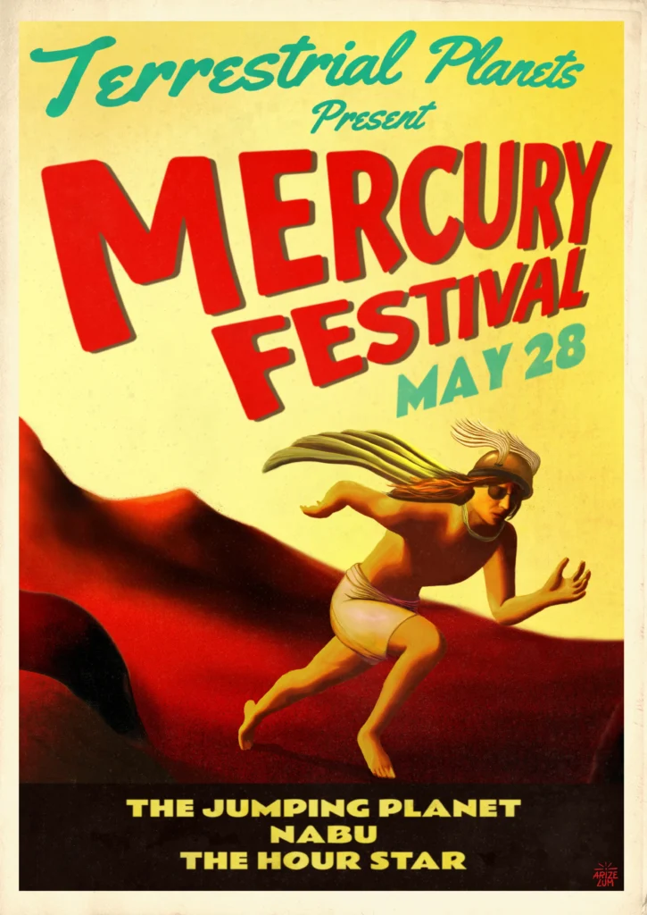 Vintage-inspired poster of Mercury, Mercury festival, 1950s, movie poster design