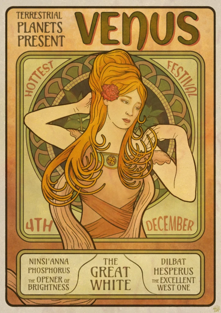 Vintage-inspired poster of Venus, Venus festival, Art Nouveau, Mucha, poster design