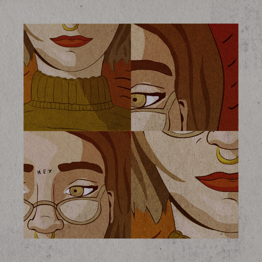 Poster of a lady, squared, cut out, earthy tones, puzzle poster